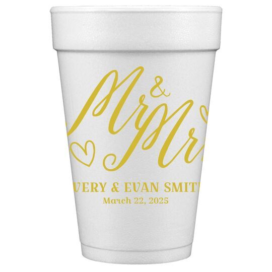 Mr. and Mrs. Hearts Styrofoam Cups